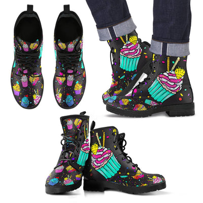 Colorful Cupcake Pattern Women & Men Leather Boots