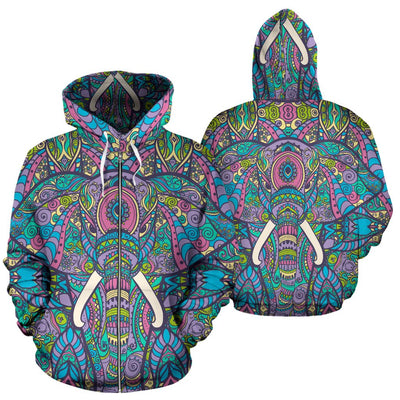 Colorful Elephant Indian Print All Over Zip Up Hoodie