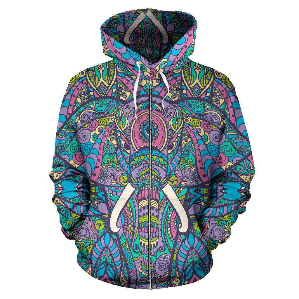 Colorful Elephant Indian Print All Over Zip Up Hoodie
