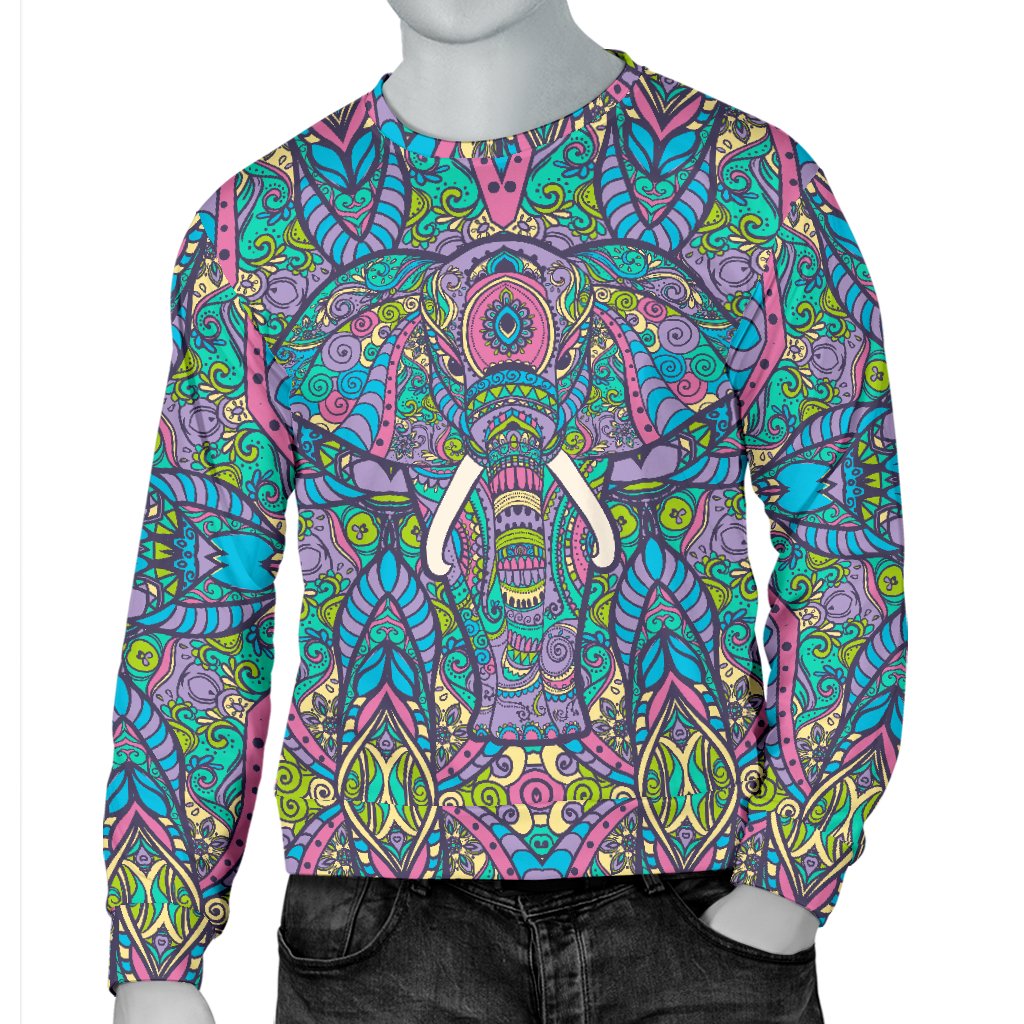 Colorful Elephant Indian Print Men Crewneck Sweatshirt