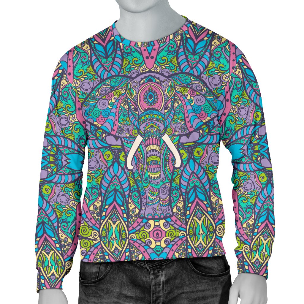 Colorful Elephant Indian Print Men Crewneck Sweatshirt