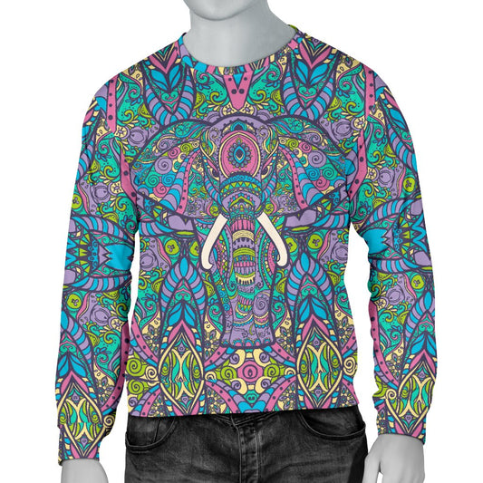 Colorful Elephant Indian Print Men Crewneck Sweatshirt