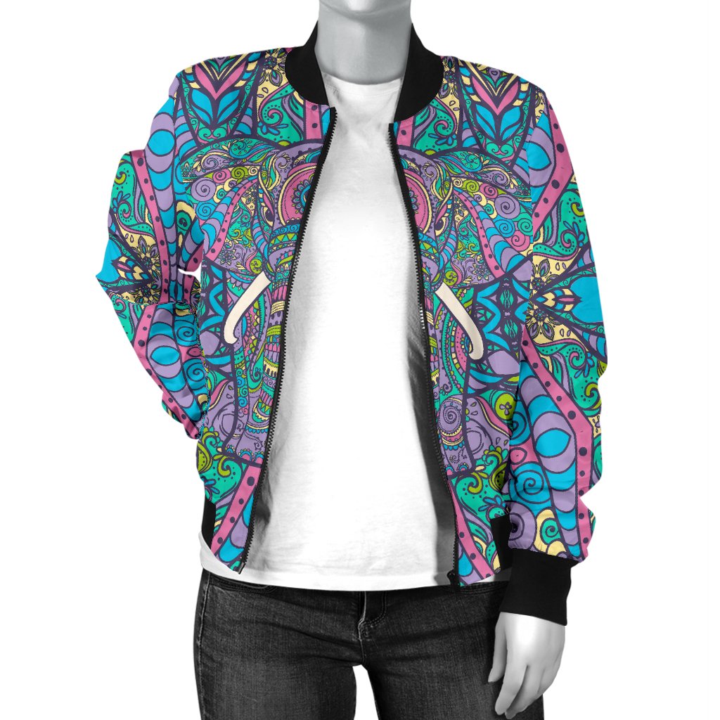 Colorful Elephant Indian Print Women Casual Bomber Jacket