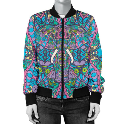 Colorful Elephant Indian Print Women Casual Bomber Jacket