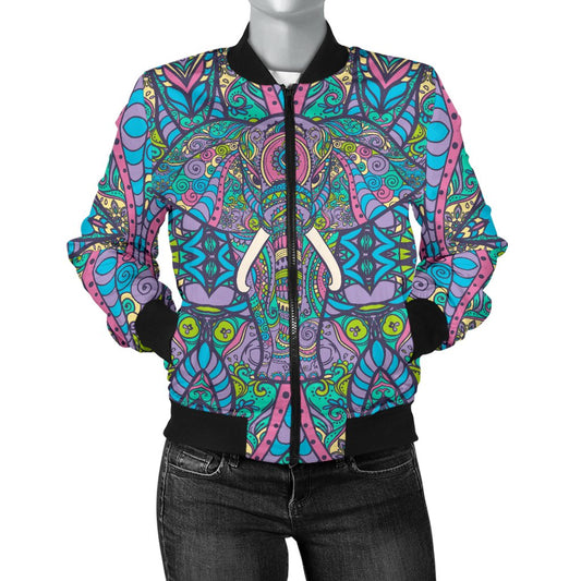 Colorful Elephant Indian Print Women Casual Bomber Jacket