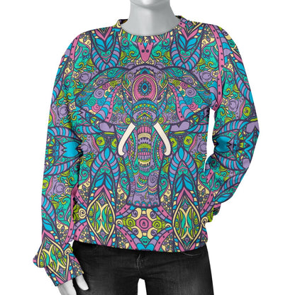 Colorful Elephant Indian Print Women Crewneck Sweatshirt