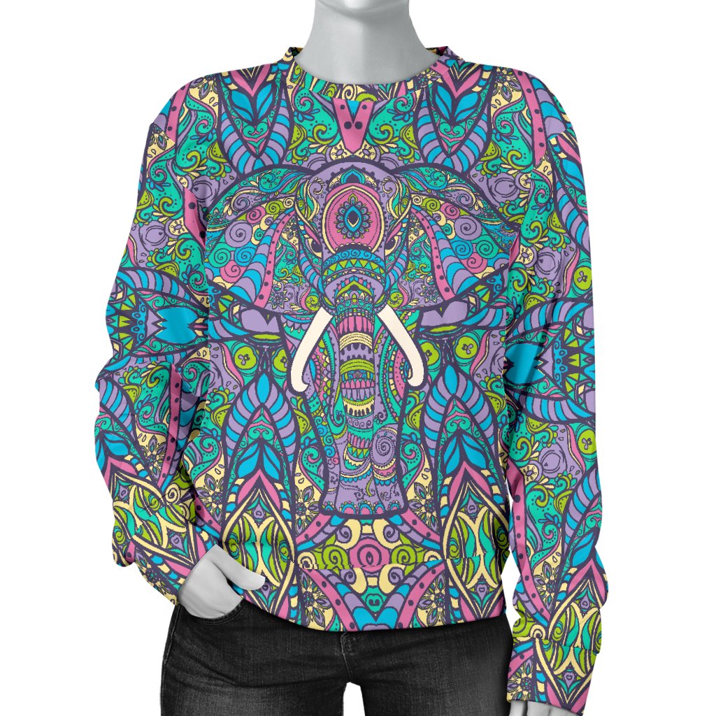 Colorful Elephant Indian Print Women Crewneck Sweatshirt