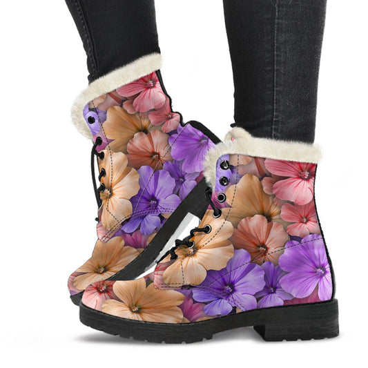 Colorful Geranium Pattern Faux Fur Leather Boots