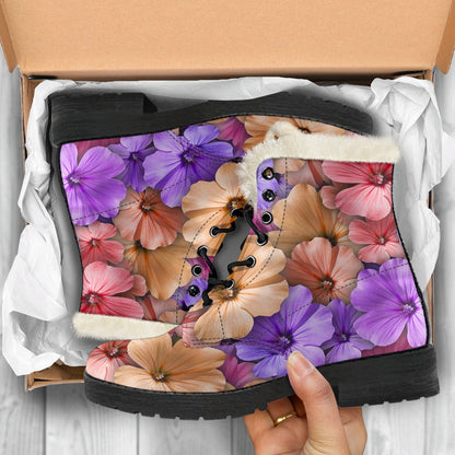 Colorful Geranium Pattern Faux Fur Leather Boots