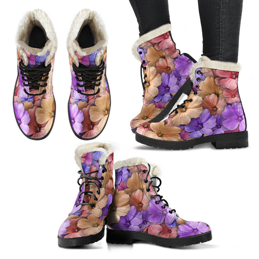 Colorful Geranium Pattern Faux Fur Leather Boots