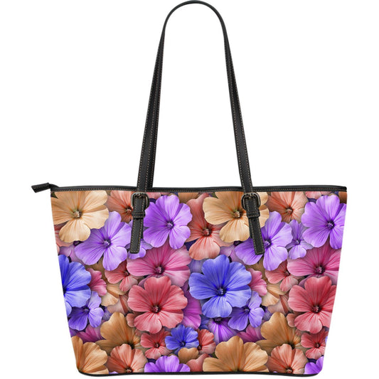 Colorful Geranium Pattern Large Leather Tote Bag