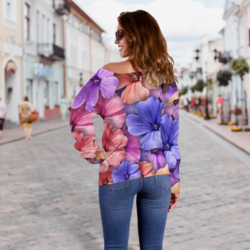 Colorful Geranium Pattern Off Shoulder Sweatshirt