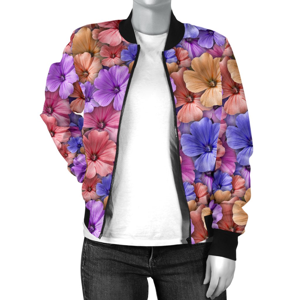 Colorful Geranium Pattern Women Casual Bomber Jacket