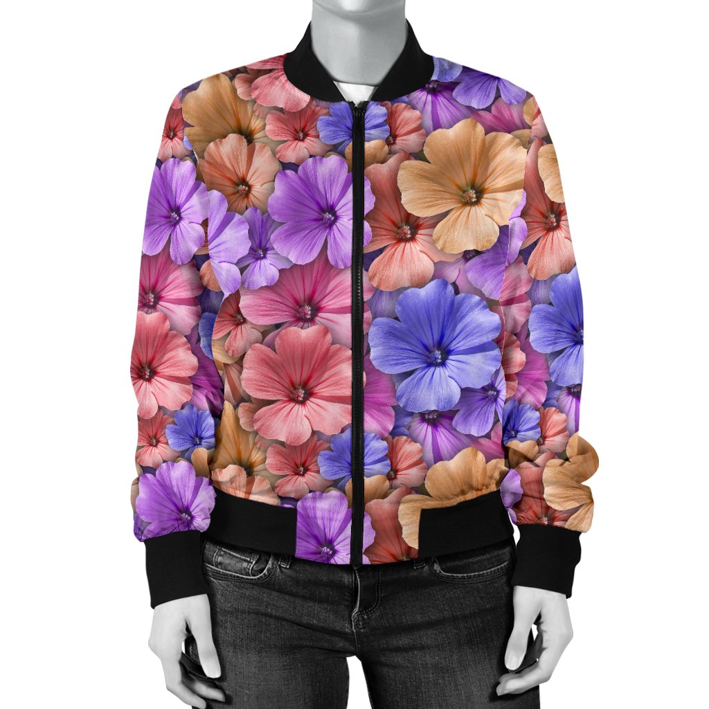 Colorful Geranium Pattern Women Casual Bomber Jacket