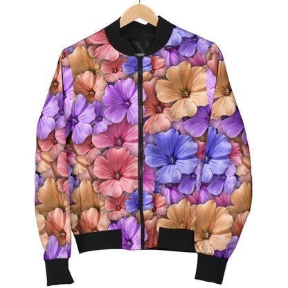 Colorful Geranium Pattern Women Casual Bomber Jacket