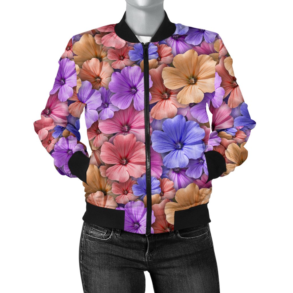 Colorful Geranium Pattern Women Casual Bomber Jacket