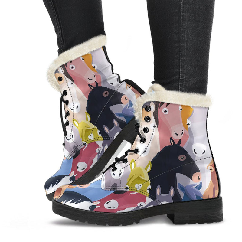 Colorful Horse Pattern Faux Fur Leather Boots