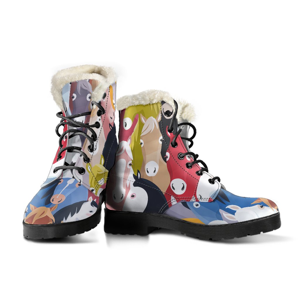 Colorful Horse Pattern Faux Fur Leather Boots