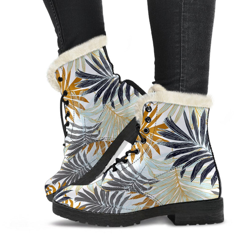 Colorful Tropical Palm Leaves Faux Fur Leather Boots