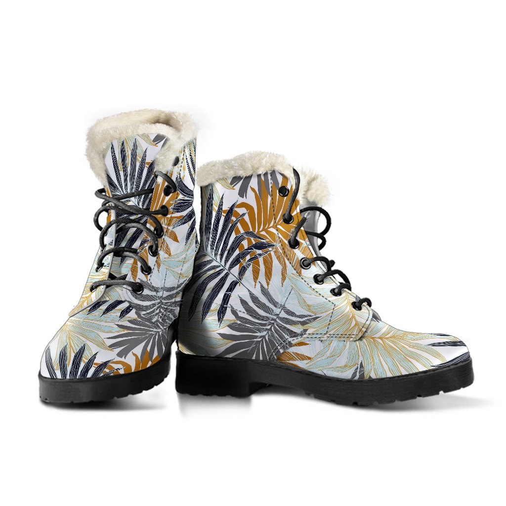 Colorful Tropical Palm Leaves Faux Fur Leather Boots
