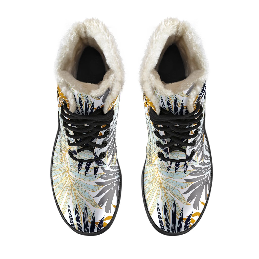 Colorful Tropical Palm Leaves Faux Fur Leather Boots