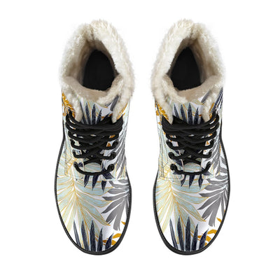 Colorful Tropical Palm Leaves Faux Fur Leather Boots