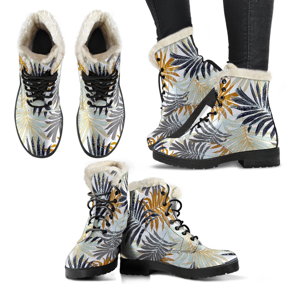 Colorful Tropical Palm Leaves Faux Fur Leather Boots