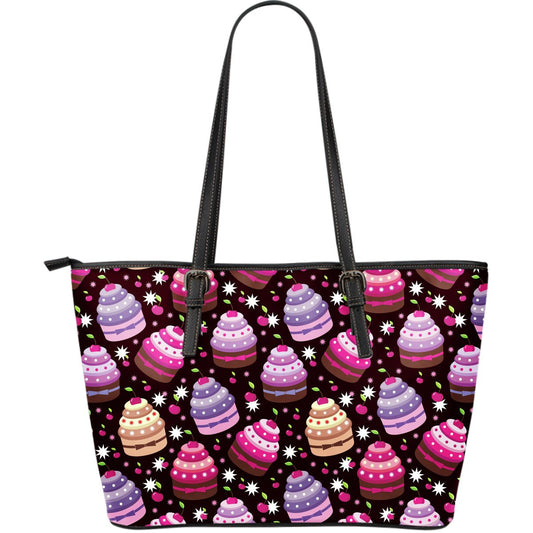 Cupcake Print Large Leather Tote Bag