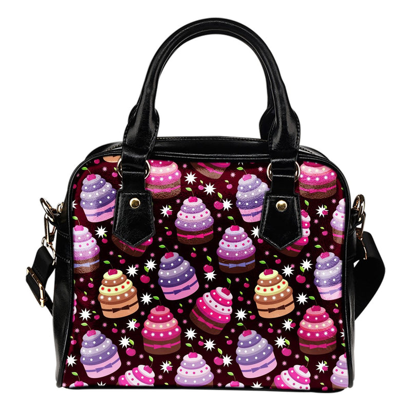 Cupcake Print Leather Shoulder Handbag