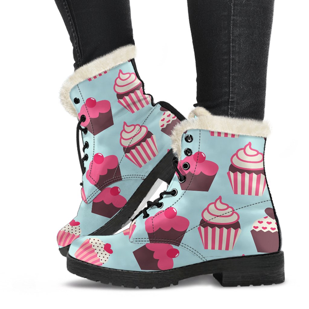 CupCake Print Pattern Faux Fur Leather Boots
