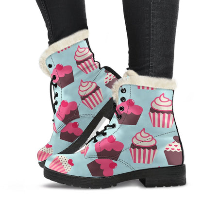 CupCake Print Pattern Faux Fur Leather Boots