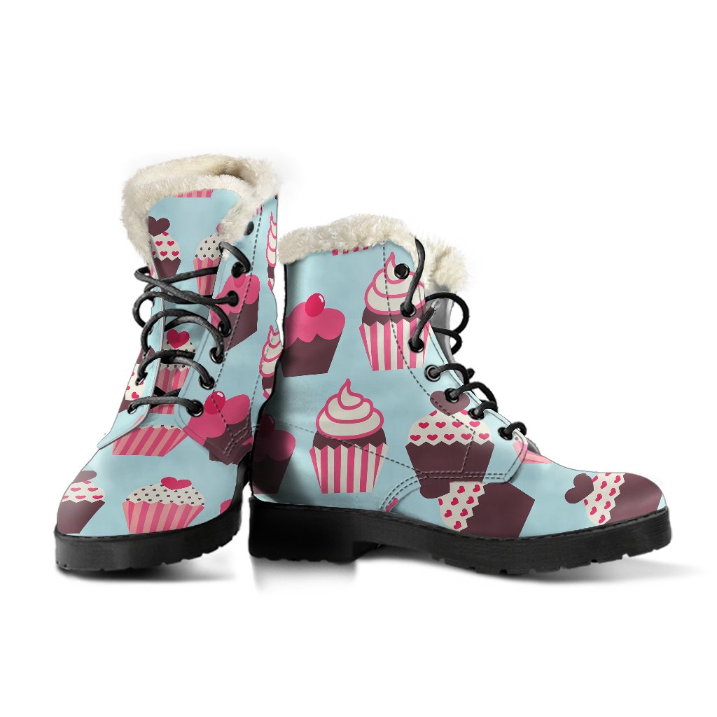 CupCake Print Pattern Faux Fur Leather Boots