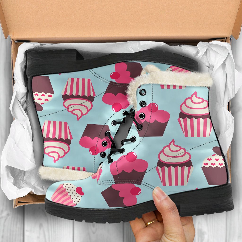 CupCake Print Pattern Faux Fur Leather Boots