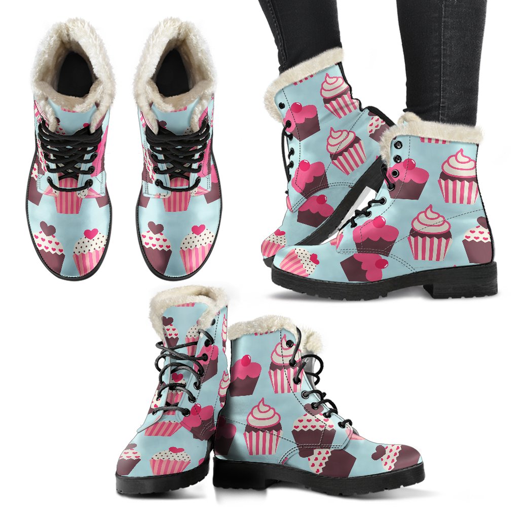 CupCake Print Pattern Faux Fur Leather Boots