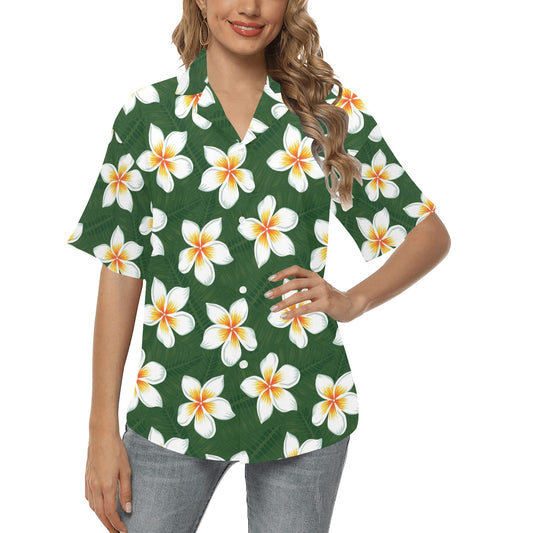 White Plumeria Pattern Print Design PM020 Women's Hawaiian Shirt