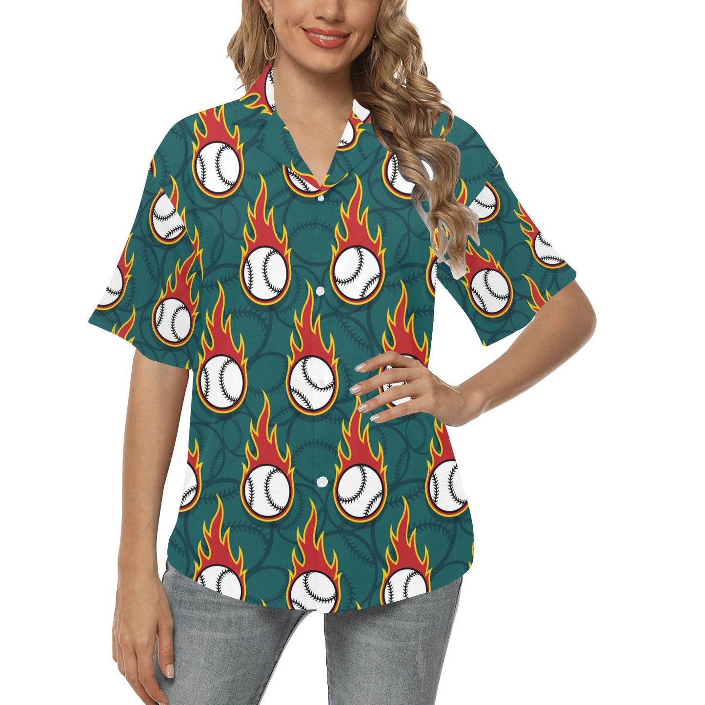 Baseball Fire Print Pattern Women's Hawaiian Shirt