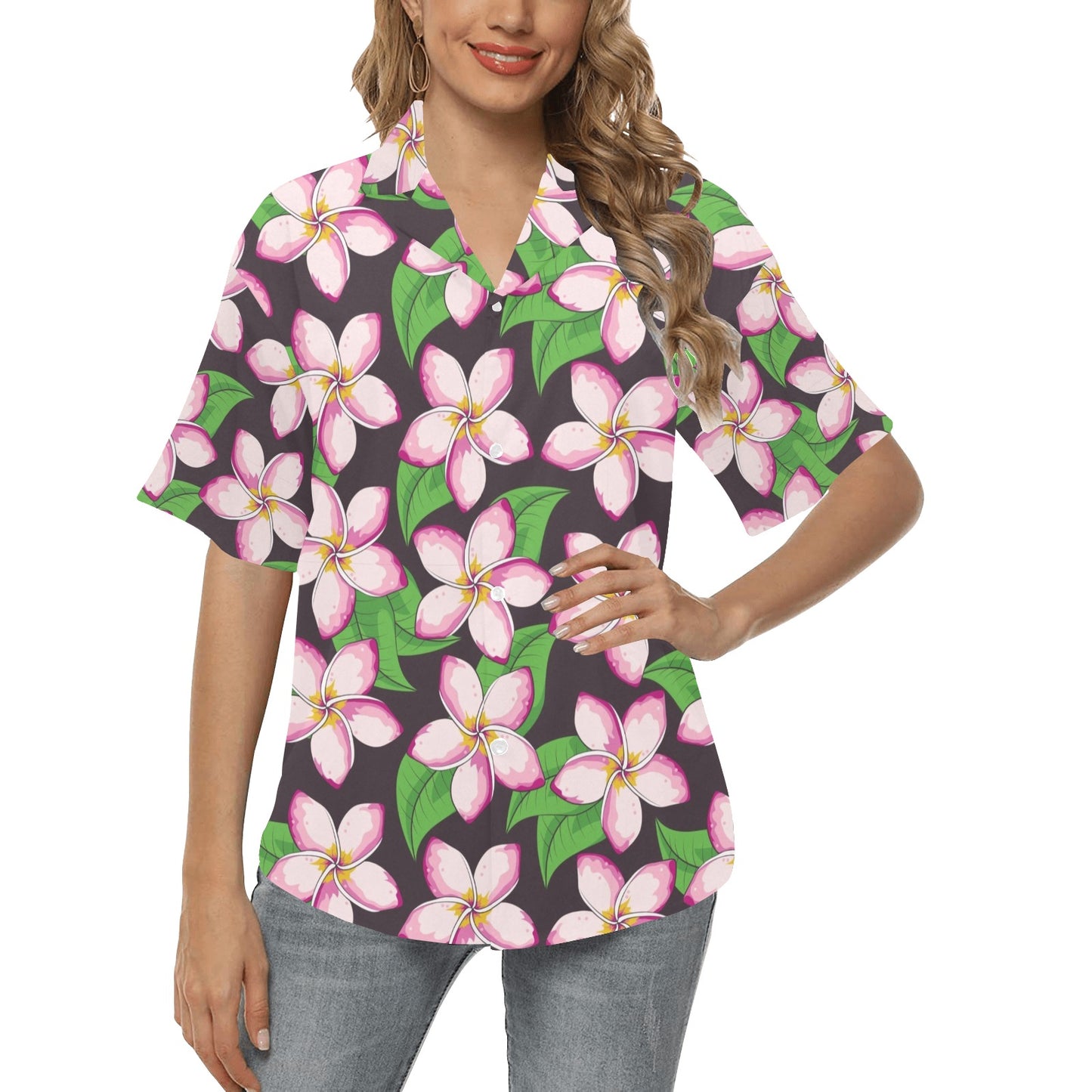 Pink Plumeria Pattern Print Design PM019 Women's Hawaiian Shirt