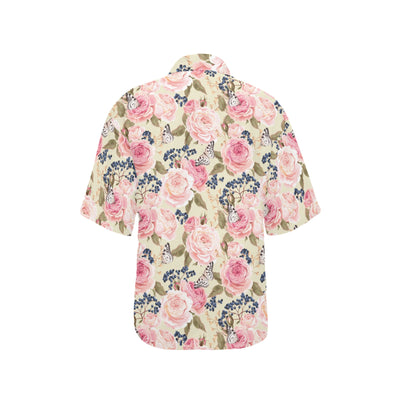 Floral Pink Butterfly Print Women's Hawaiian Shirt