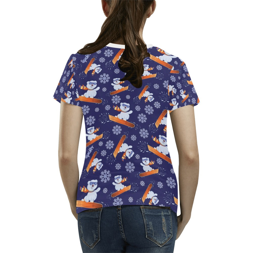 Snowboard Bear Print Design LKS305 Women's  T-shirt