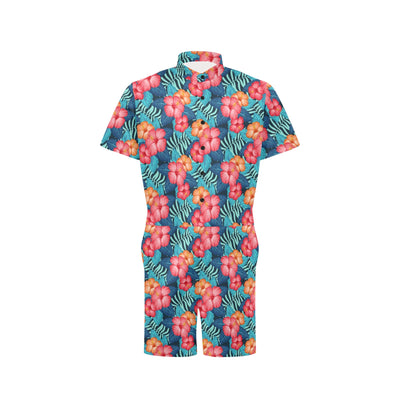 Red Hibiscus Pattern Print Design HB02 Men's Romper