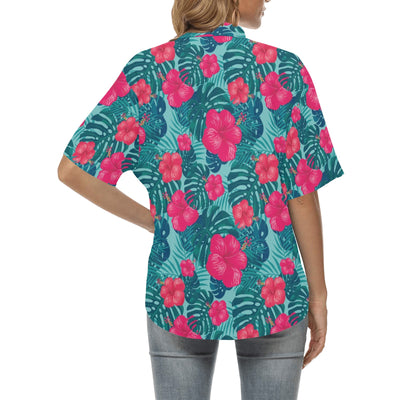 Red Hibiscus Pattern Print Design HB017 Women's Hawaiian Shirt