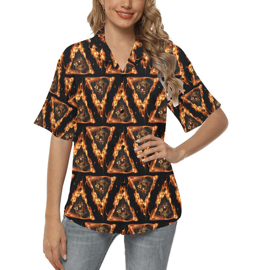 Eye of Horus in Flame Print Women's Hawaiian Shirt