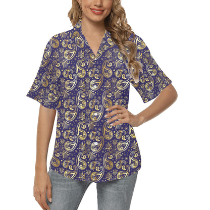 Paisley Blue Yellow Design Print Women's Hawaiian Shirt