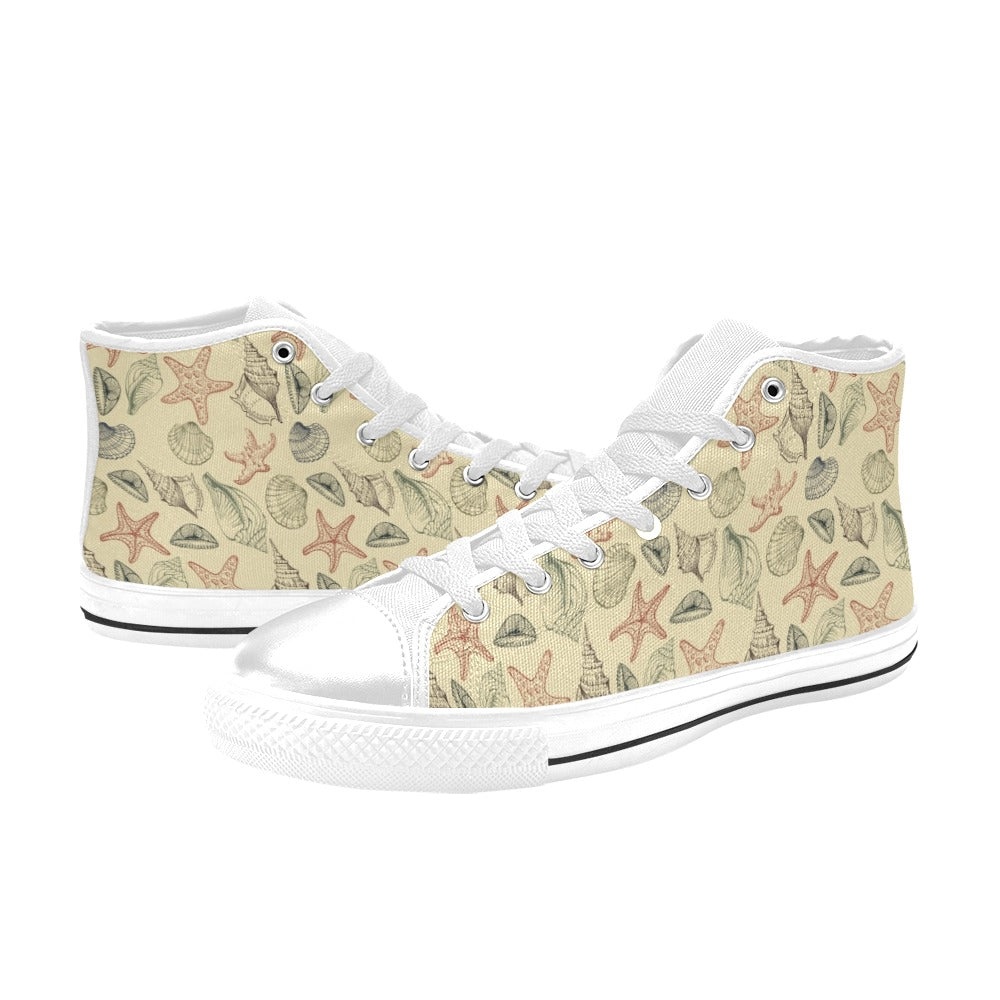 Seashell Print Design LKS305 High Top Women's White Shoes