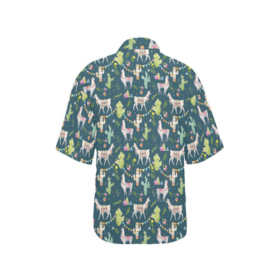 Llama with Cactus Design Print Women's Hawaiian Shirt