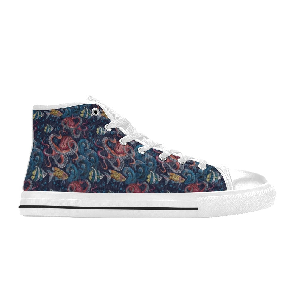 Underwater Giant Squid Print Design LKS302 High Top Women's White Shoes