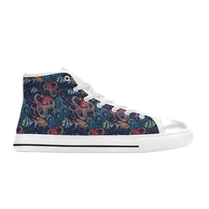 Underwater Giant Squid Print Design LKS302 High Top Women's White Shoes