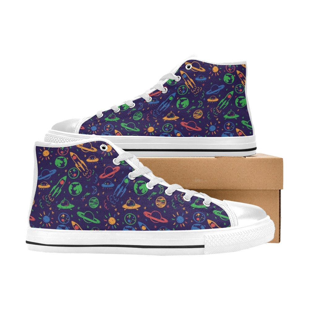 UFO Space Rocket Print Design LKS302 High Top Women's White Shoes