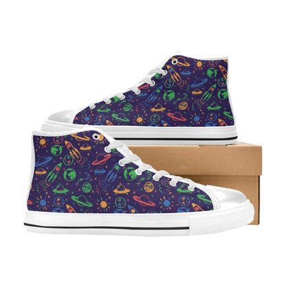 UFO Space Rocket Print Design LKS302 High Top Women's White Shoes