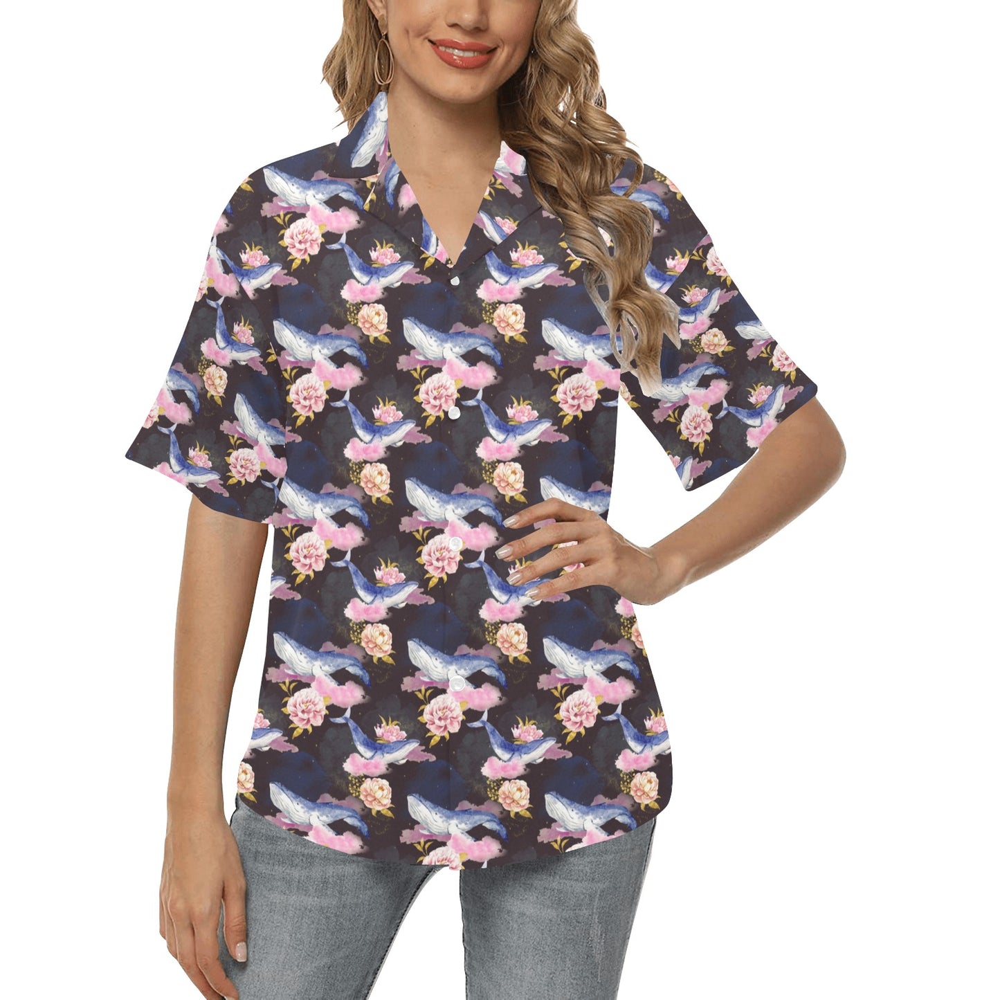 Blue Whale Print Design LKS401 Women's Hawaiian Shirt